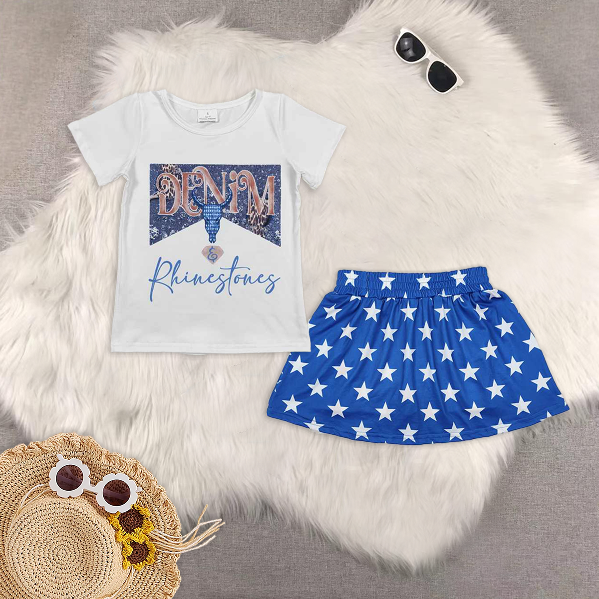 RTS NO MOQ GT0133+GLK0051 short-sleeved top star striped blue pants skirt sets