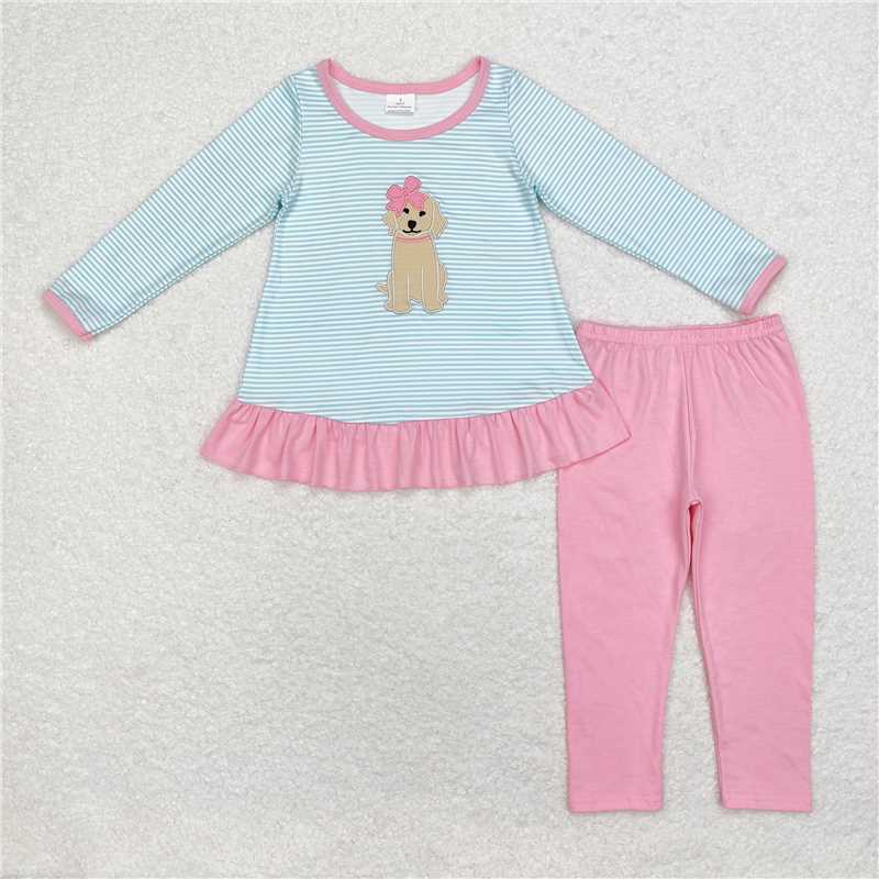 RTS NO MOQ(In Stock) GLP1376 Baby girl Toddler embroidery puppy Shirts plaid Pants Clothes Sets