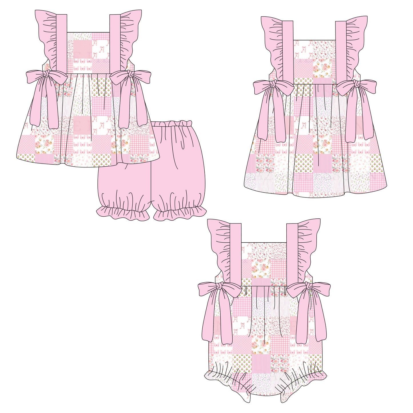 26.1.3 custom each style moq 5 eta 6-8week Sibling Sister floral bow baby short sleeve shorts sets and romper and dress match design