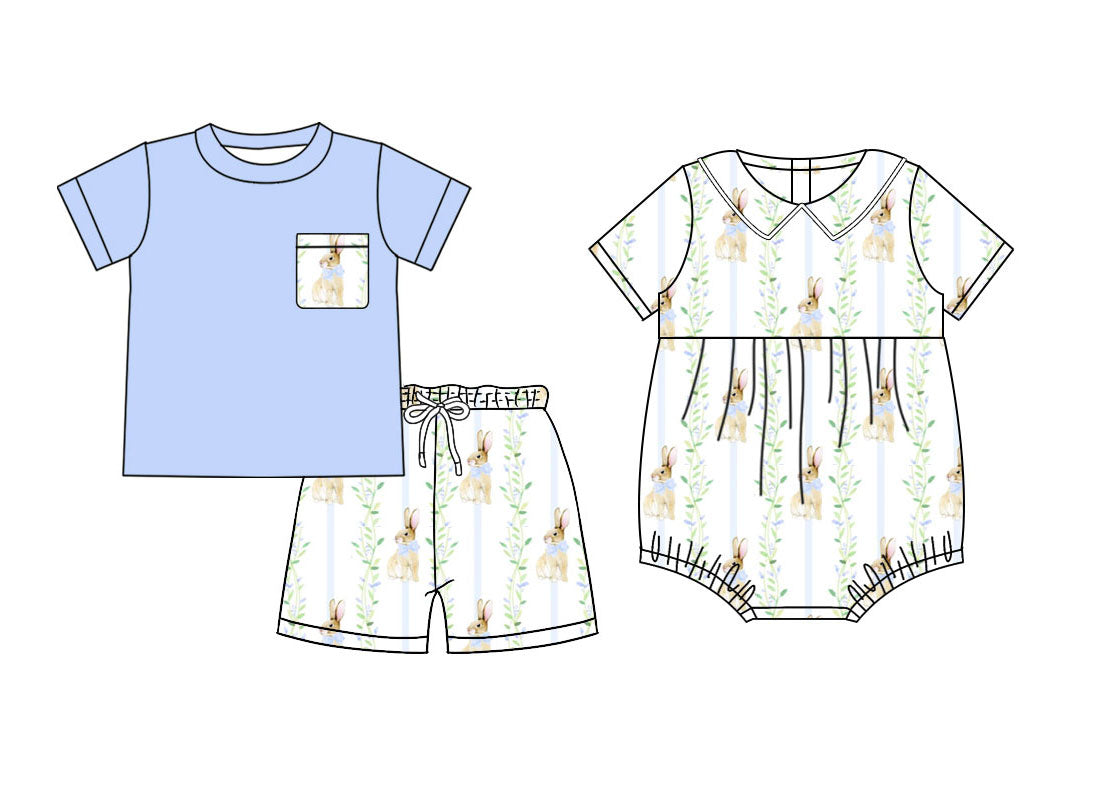 26.1.5 custom each style moq 5 eta 6-8week Sibling Sister easter bunny baby boy short sleeve shorts sets and romper match design
