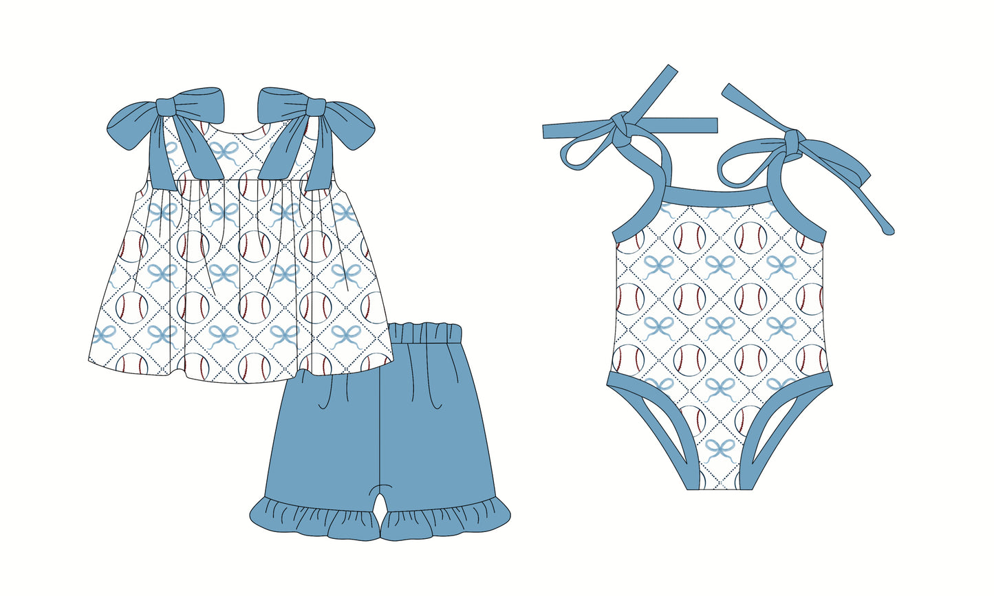 25.12.4 custom each style moq 5 eta 6-8week Sibling Sister baseball bow baby short sleeve shorts sets and romper match design