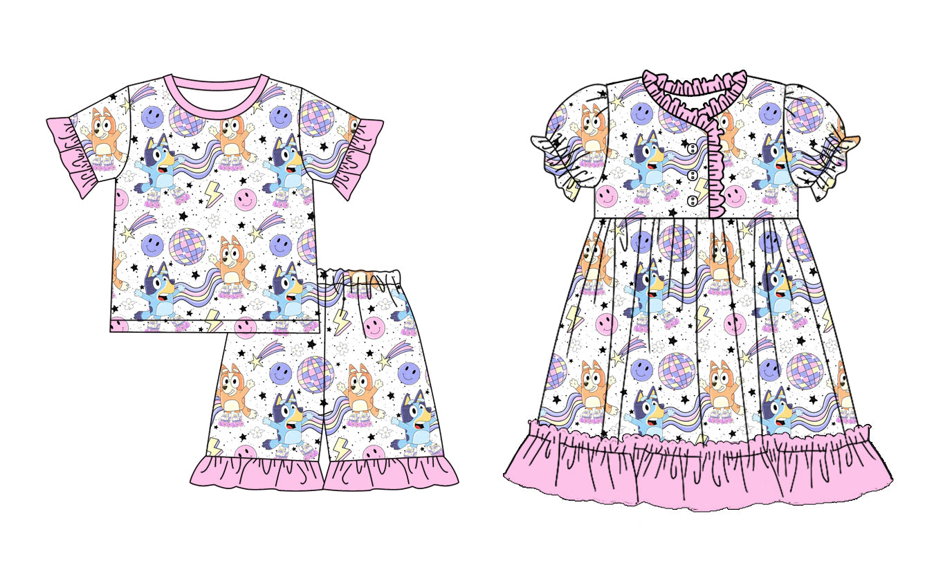 12.30 custom each style moq 5eta 4-6week Sibling Sister cartoon dog baby girl short sleeve shorts sets and dresses match design