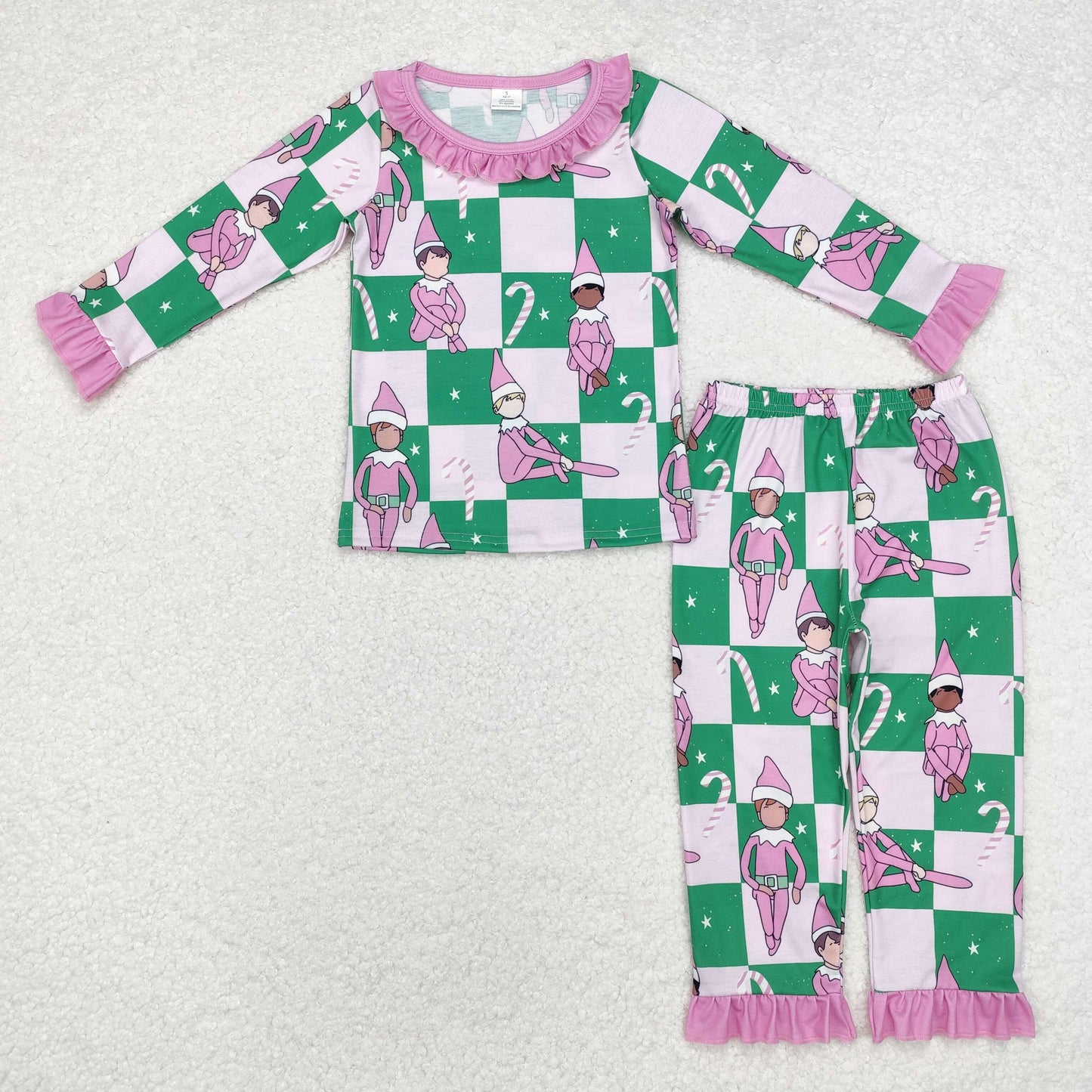 RTS NO MOQ(In Stock) GLP1843 Modal Christmas elf cane lace green and pink plaid long-sleeved pants pajamas set