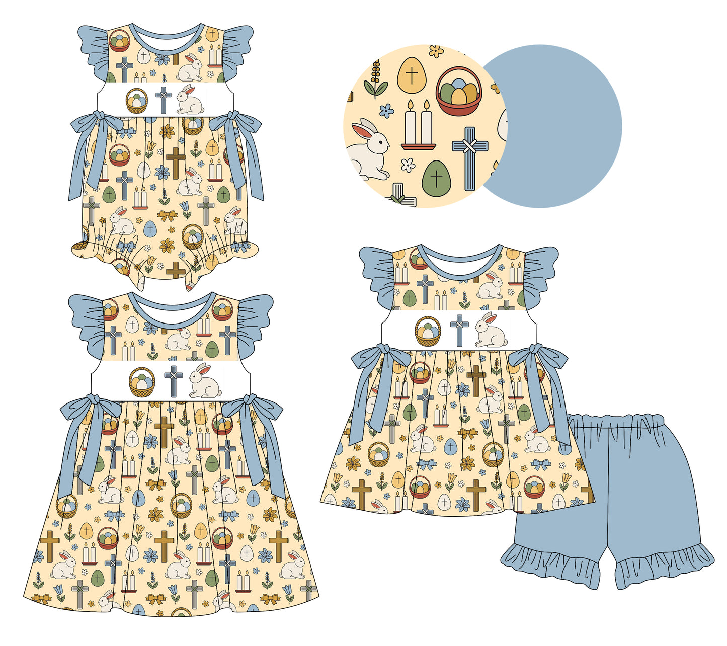 26.1.5 custom each style moq 5 eta 6-8week Sibling Sister easter baby short sleeve shorts sets and romper and dress match design