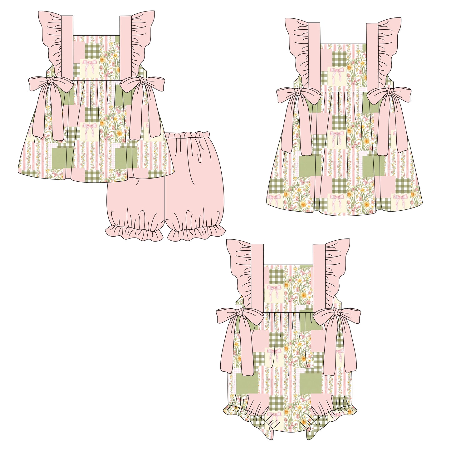 26.1.3 custom each style moq 5 eta 6-8week Sibling Sister bow floral baby short sleeve shorts sets and romper and dress match design