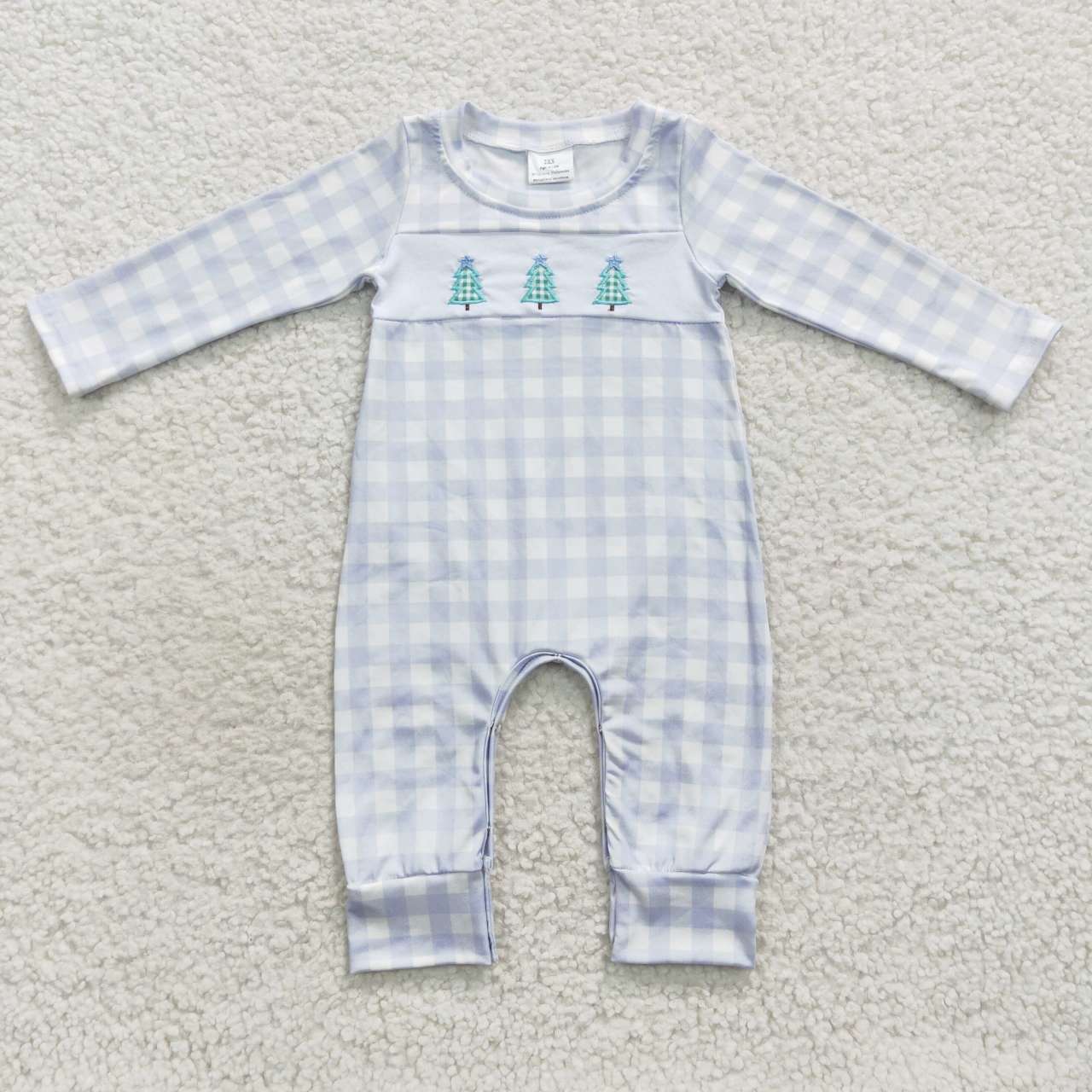 LR0335 Embroidered Christmas Tree Plaid Blue Long Sleeve Bodysuit