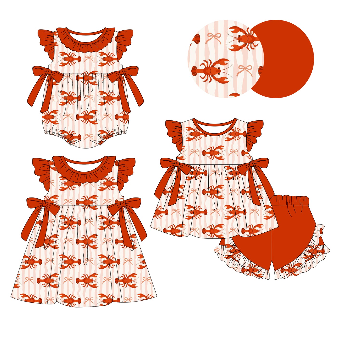 25.12.4 custom each style moq 5 eta 6-8week Sibling Siste lobster bow baby short sleeve shorts sets and romper and dress match design