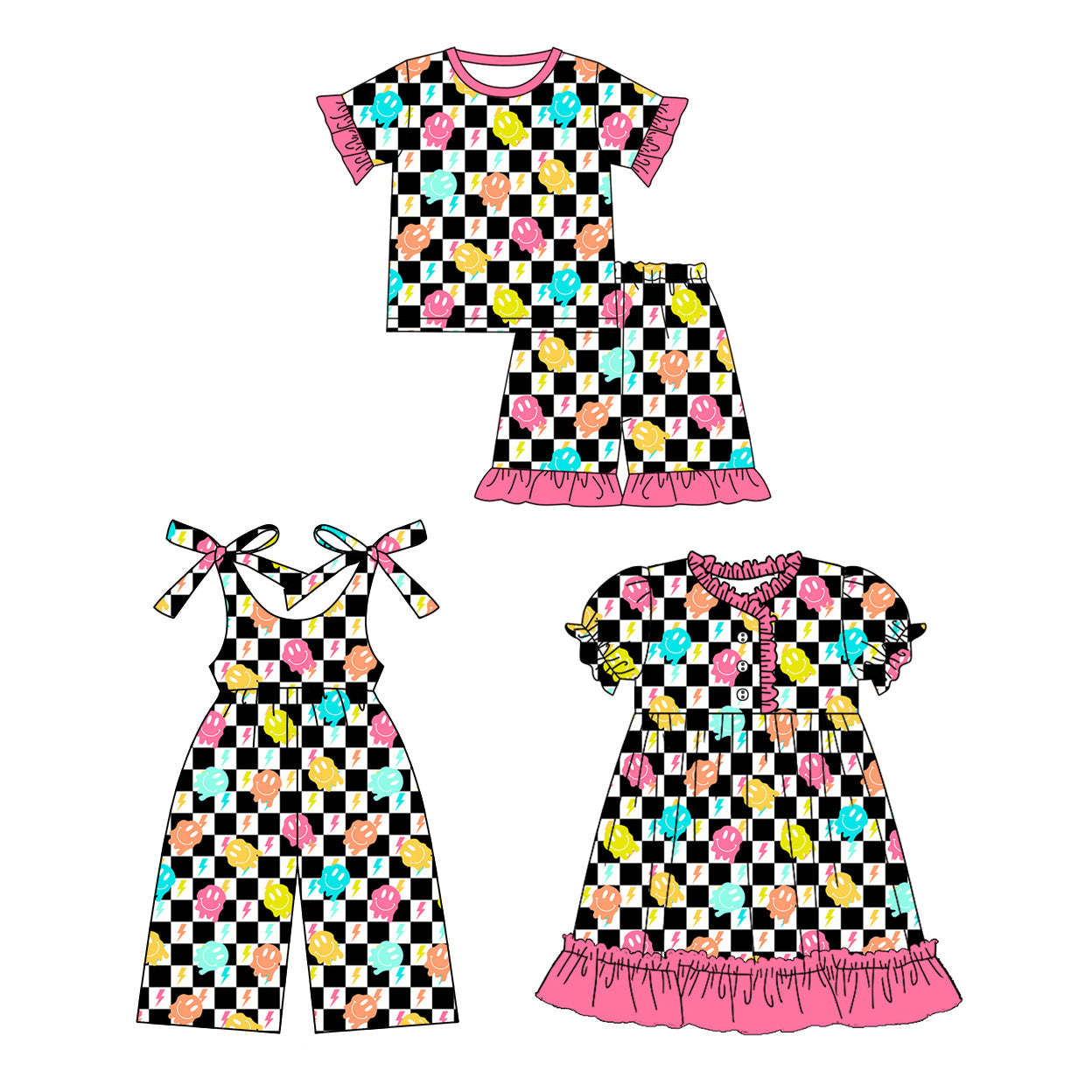 12.30 custom each style moq 5eta 4-6week Sibling Sister smiley baby girl short sleeve shorts sets and girls dress and jumpsuit match design