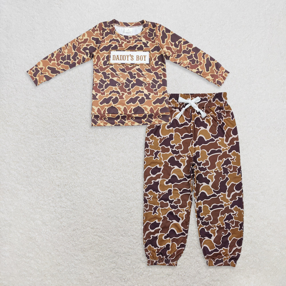 RTS NO MOQ BT0477 + P0669 Baby Boys Long Sleeve Brown Camo Daddy's Boy Tee Shirts Tops Bottoms Jogger Pants