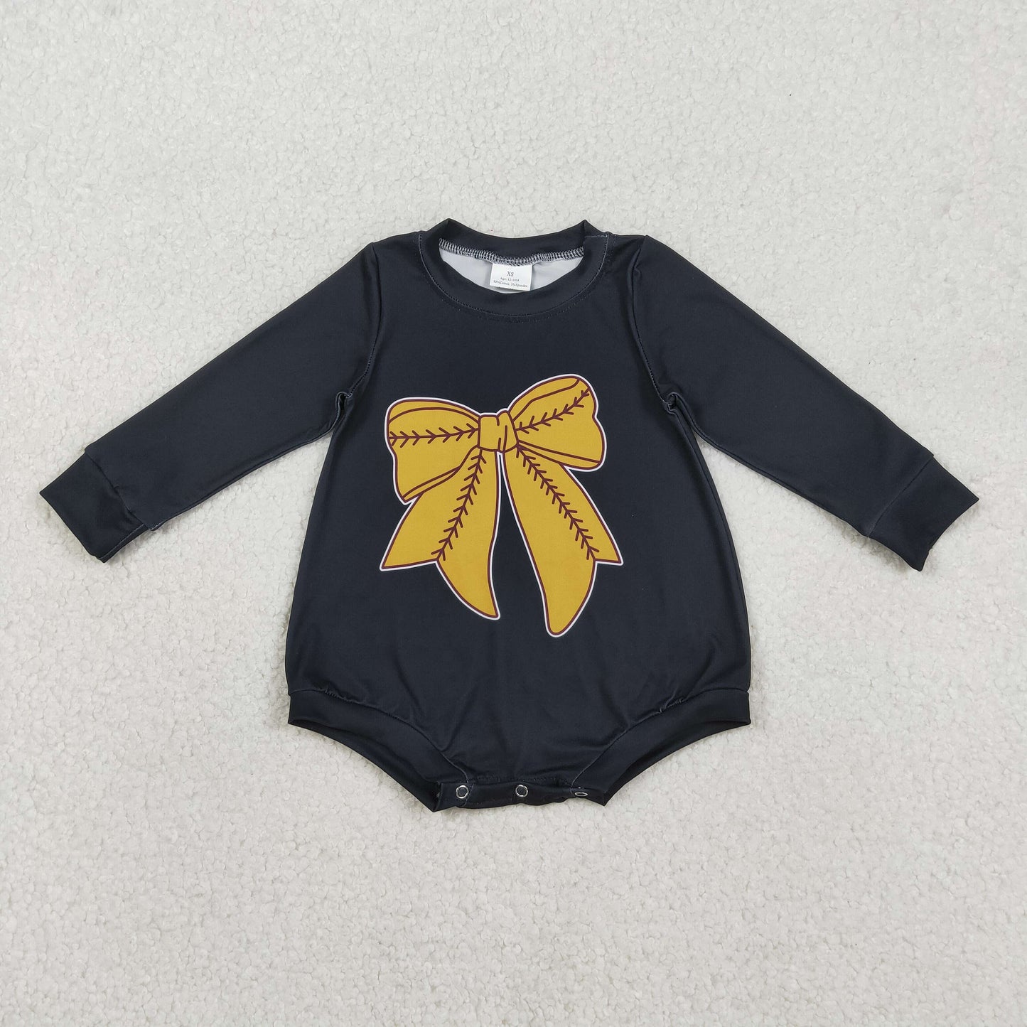 RTS NO MOQ(In Stock ) LR2774 Gold Baseball Bow Pattern Black Long-Sleeve Bodysuit