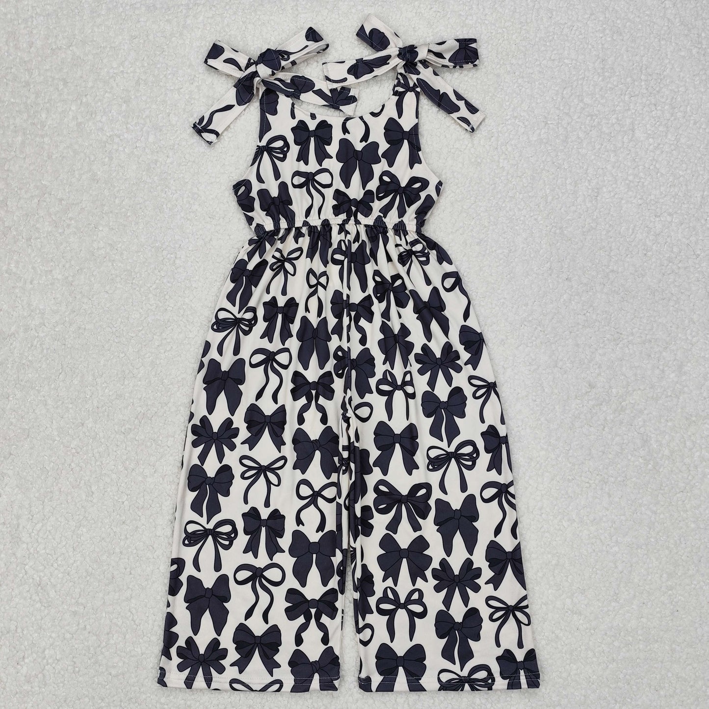 RTS NO MOQ(In Stock) Black bow pattern beige suspender jumpsuit