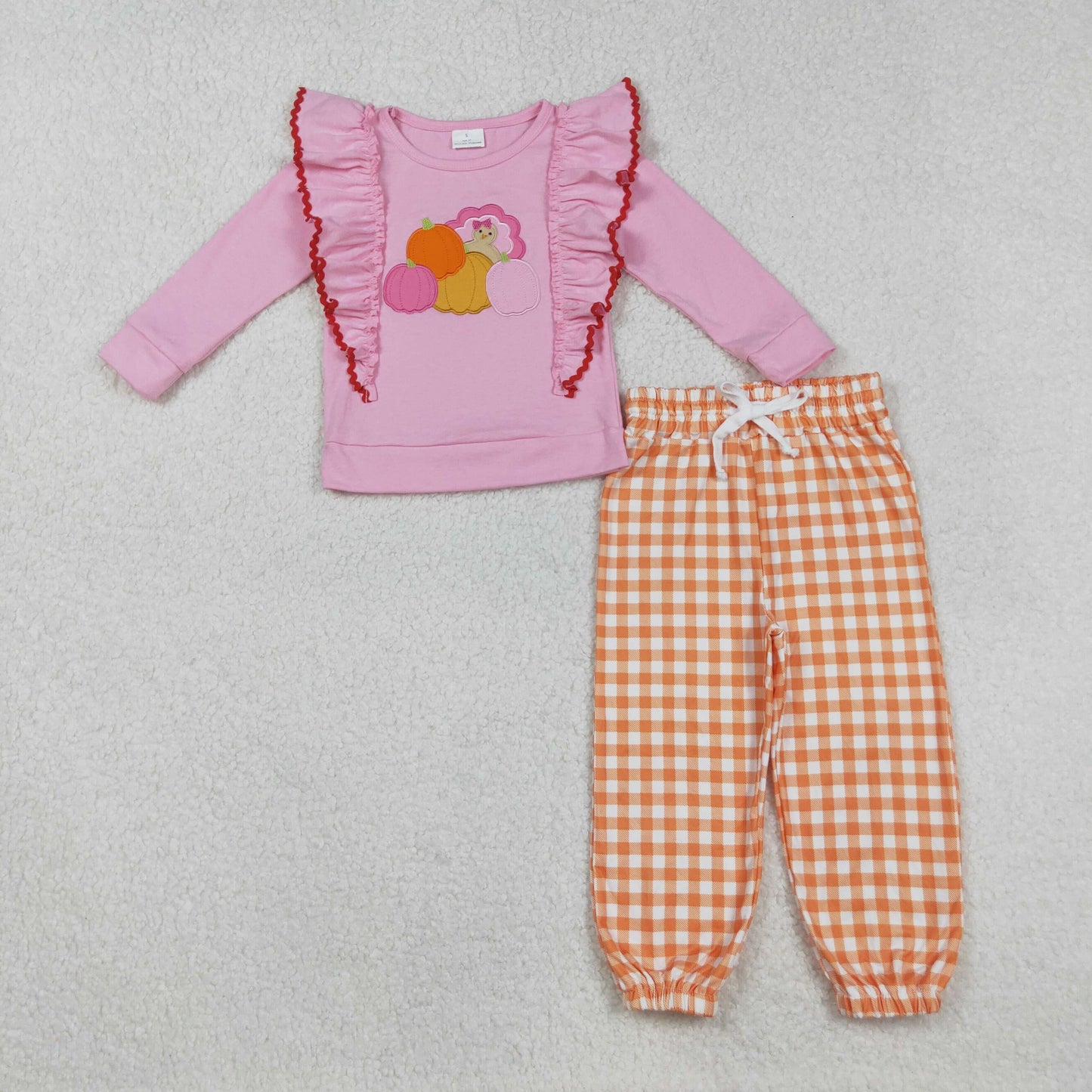 RTS NO MOQ(In Stock) GLP2442 Embroidered Turkey Pumpkin Pink Lace Long-Sleeved Orange Plaid Pants Set