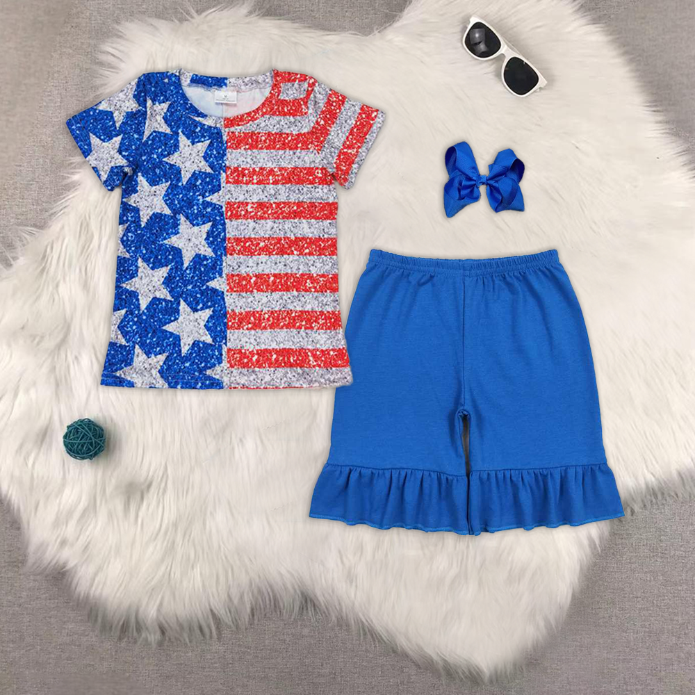 RTS NO MOQ ETA 5/7days Arrived GT0584+SS0349 Star stripe patchwork short-sleeved top Blue one-layer lace shorts set