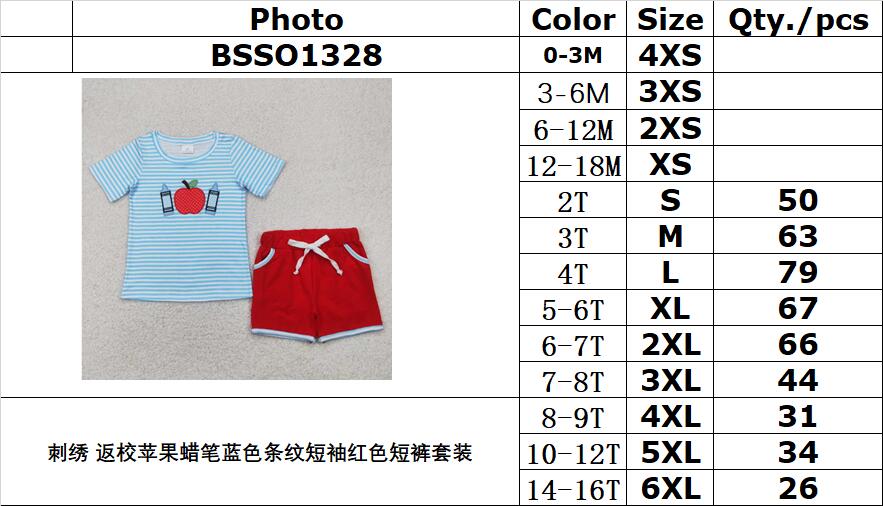 RTS NO MOQ BSSO1328 Embroidery Back to School Apple Crayon Blue Stripe Short Sleeve Red Shorts Set