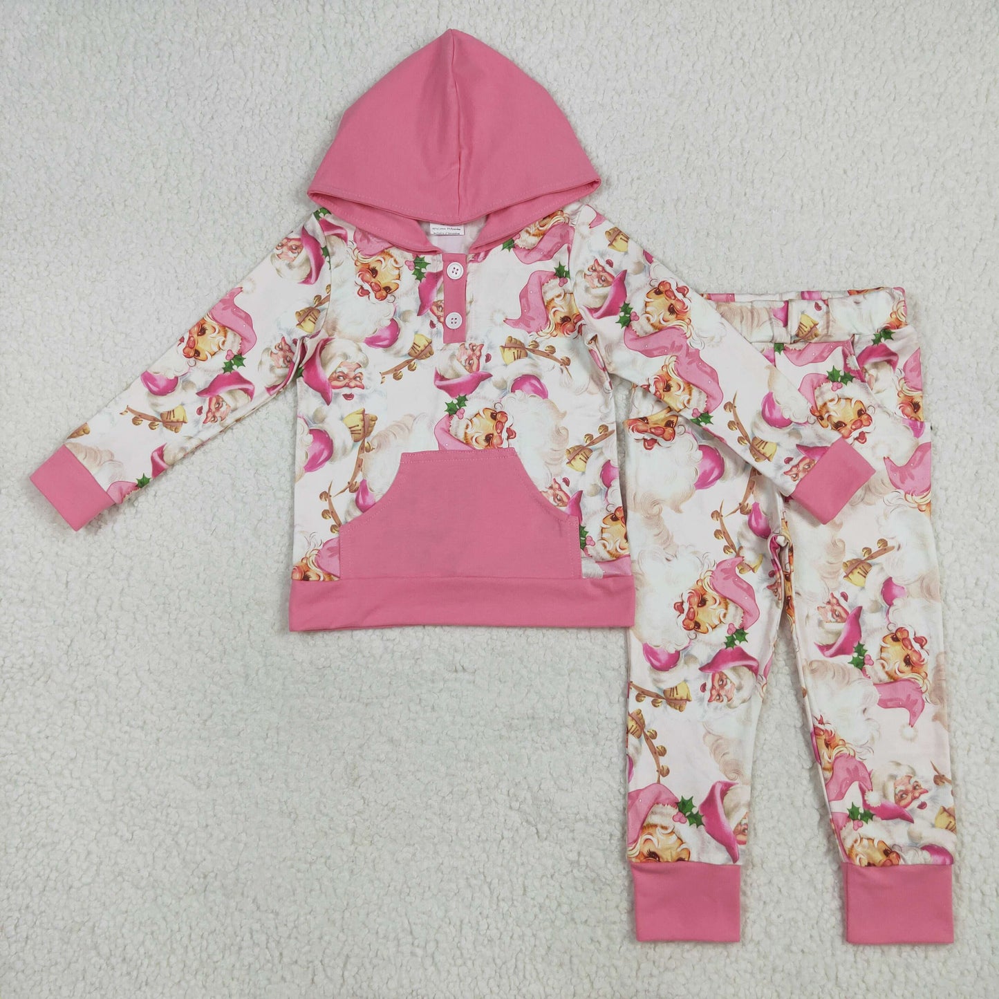 RTS NO MOQ(In Stock) GLP2474 Santa Claus pink pocket hooded long-sleeved trousers suit