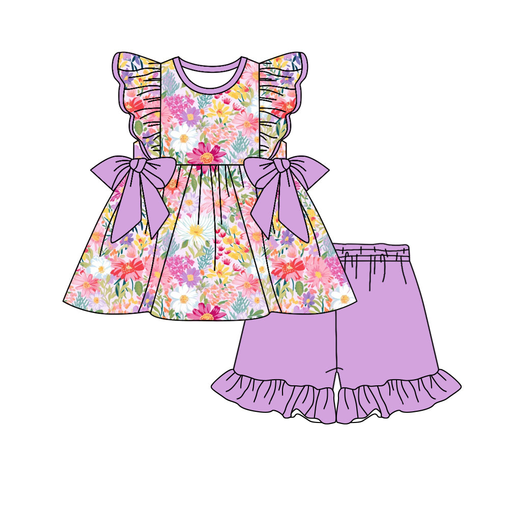 Custom moq 3 eta 7/8week moq 5 eta /4/5week baby girls clothes floral flying sleeve shorts sets