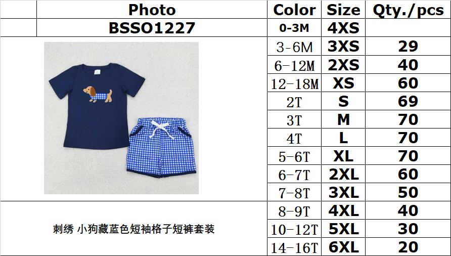 RTS NO MOQ ETA 5/7days Arrived BSSO1227 Embroidered puppy navy blue short-sleeved plaid shorts set