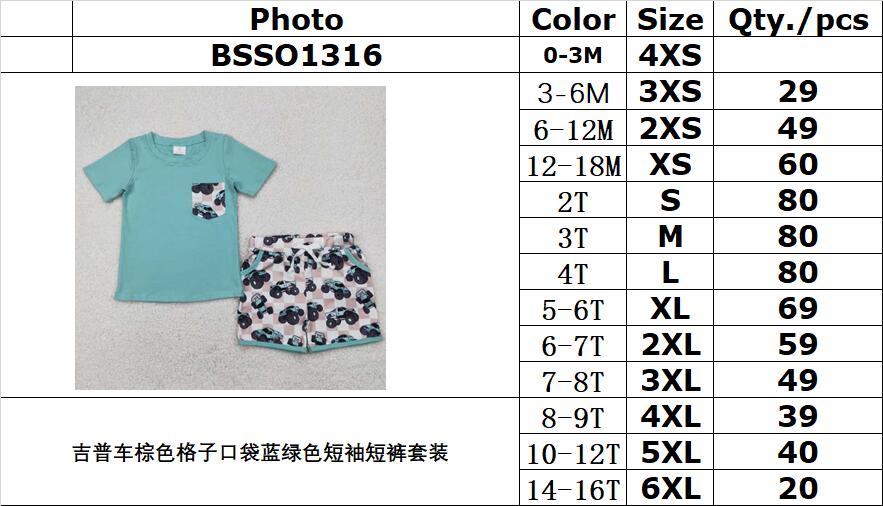 RTS NO MOQ BSSO1316 Jeep brown plaid pocket blue-green short-sleeved shorts set