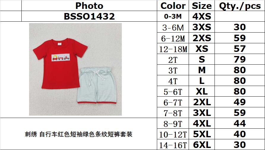 RTS NO MOQ BSSO1432 Embroidered bicycle red short sleeve green striped shorts set