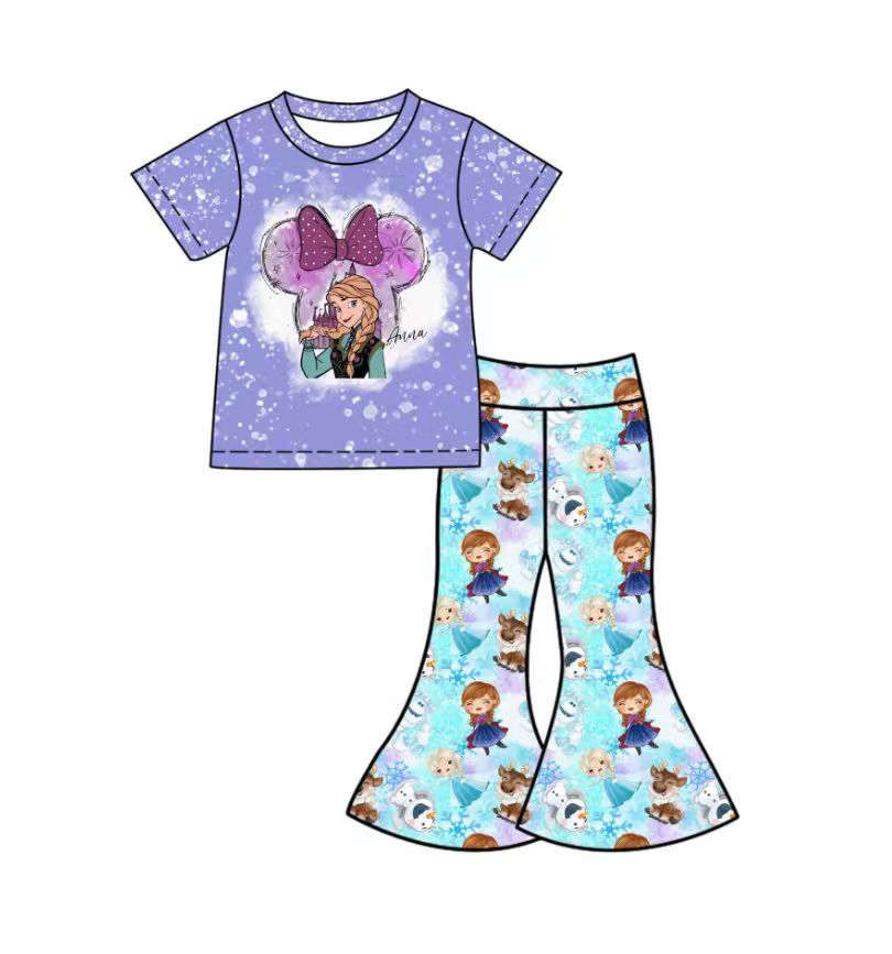 Custom moq 5 mix size milk silk baby girl clothes cartoon bow purple short sleeve pants sets