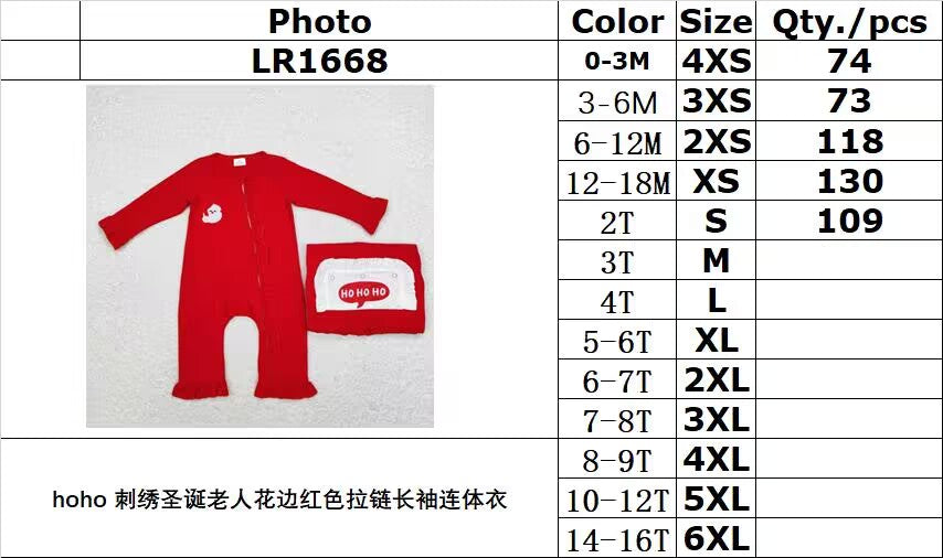 RTS NO MOQ ETA 5/7days arrived LR1668 hoho embroidered Santa Claus lace red zipper long sleeve jumpsuit