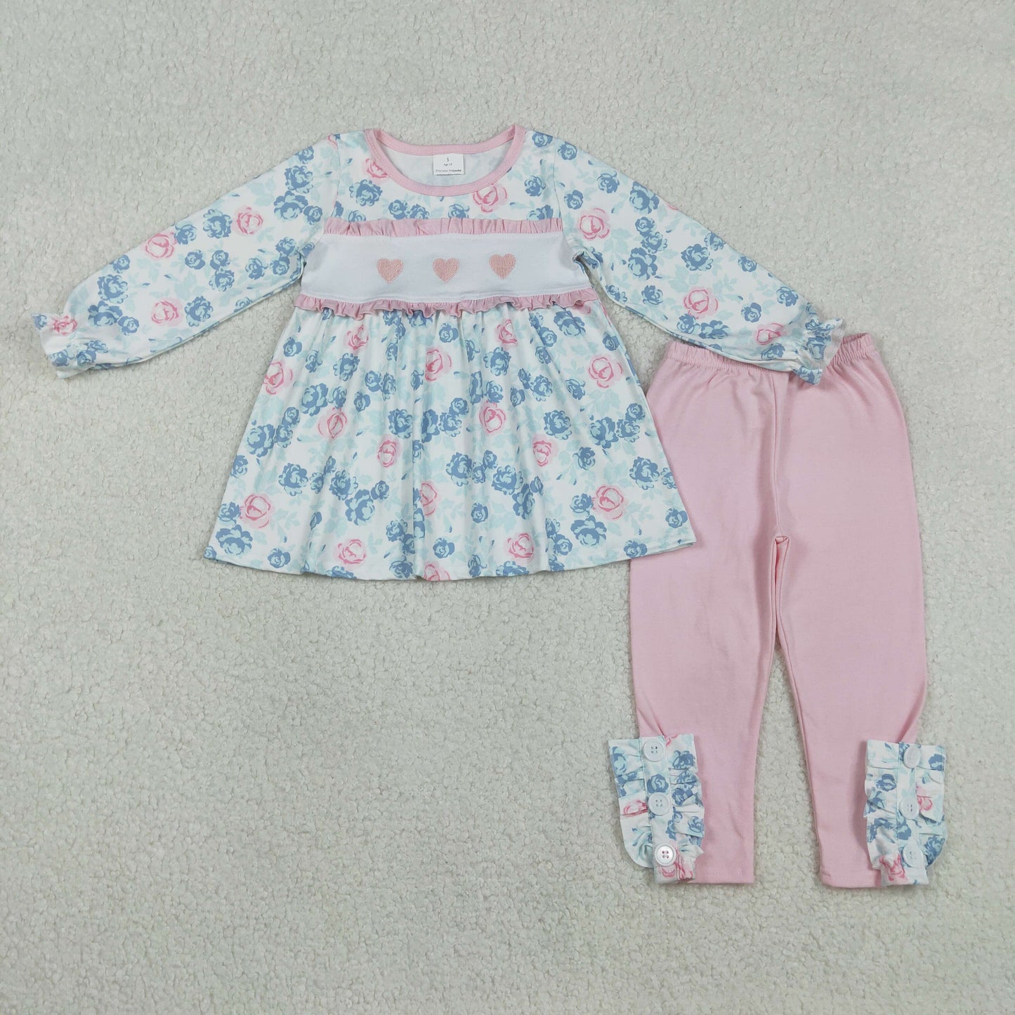 RTS NO MOQ(In Stock) Embroidered Valentine's Day heart pink lace floral long-sleeved pants set