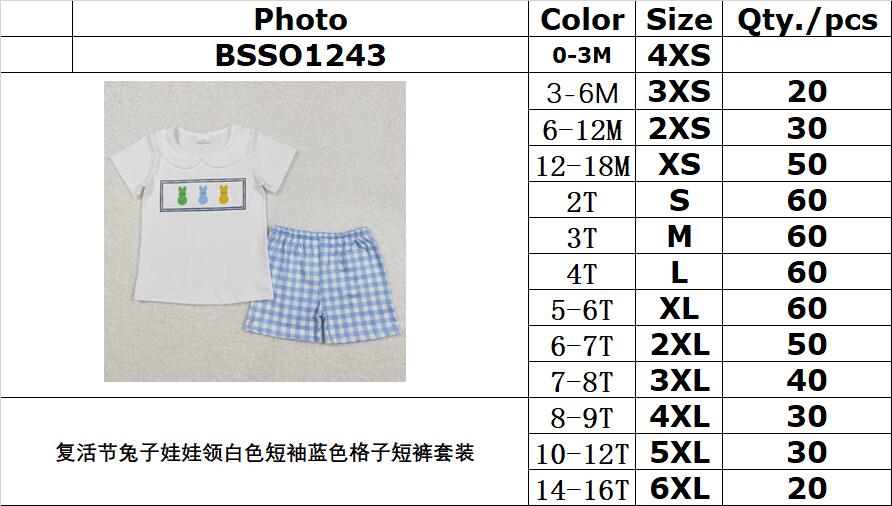 RTS NO MOQ ETA 5/7days Arrived BSSO1243 Easter bunny doll collar white short-sleeved blue plaid shorts set