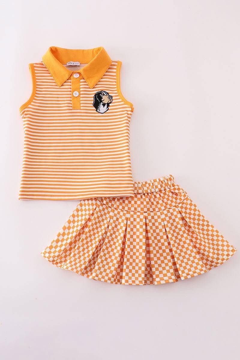 custom moq 3 eta 6-7weeks team summer baby girls clothes orange sleeveless skirts sets