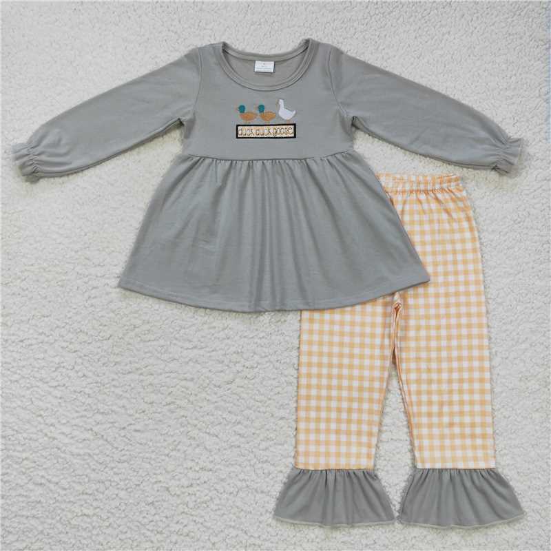 RTS NO MOQ(In Stock) GLP0724 Baby girl Toddler embroidery Duck beige Shirts plaid Pants Clothes Sets
