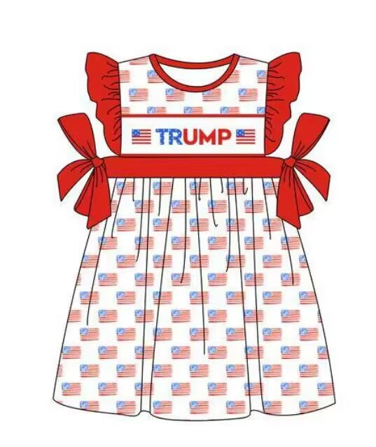 custom moq 3 eta 6-7weeks baby girls clothes Trump red flying Sleeves Dress