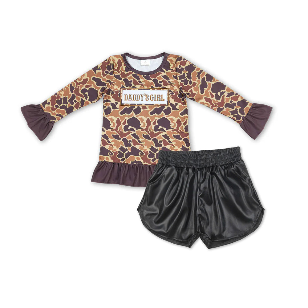 RTS NO MOQ GT0404+SS0413 DADDY GIRL camoufalge long-sleeved top Glossy leather black shorts sets