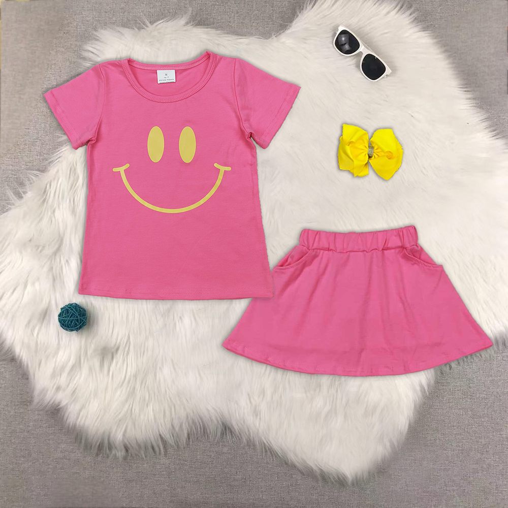 RTS NO MOQ ETA 5/7days Arrived GT0959+GLK0066 Offset printing smiley face rose red short-sleeved top Pure rose red culottes sets