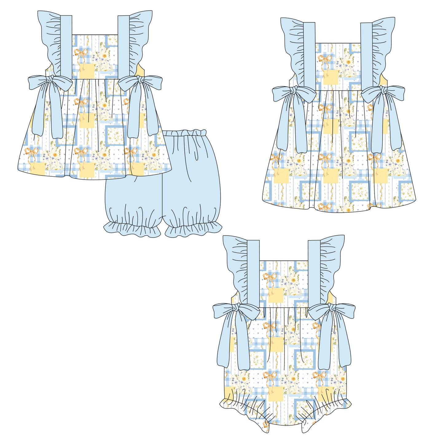 26.1.3 custom each style moq 5 eta 6-8week Sibling Sister bow floral baby short sleeve shorts sets and romper and dress match design