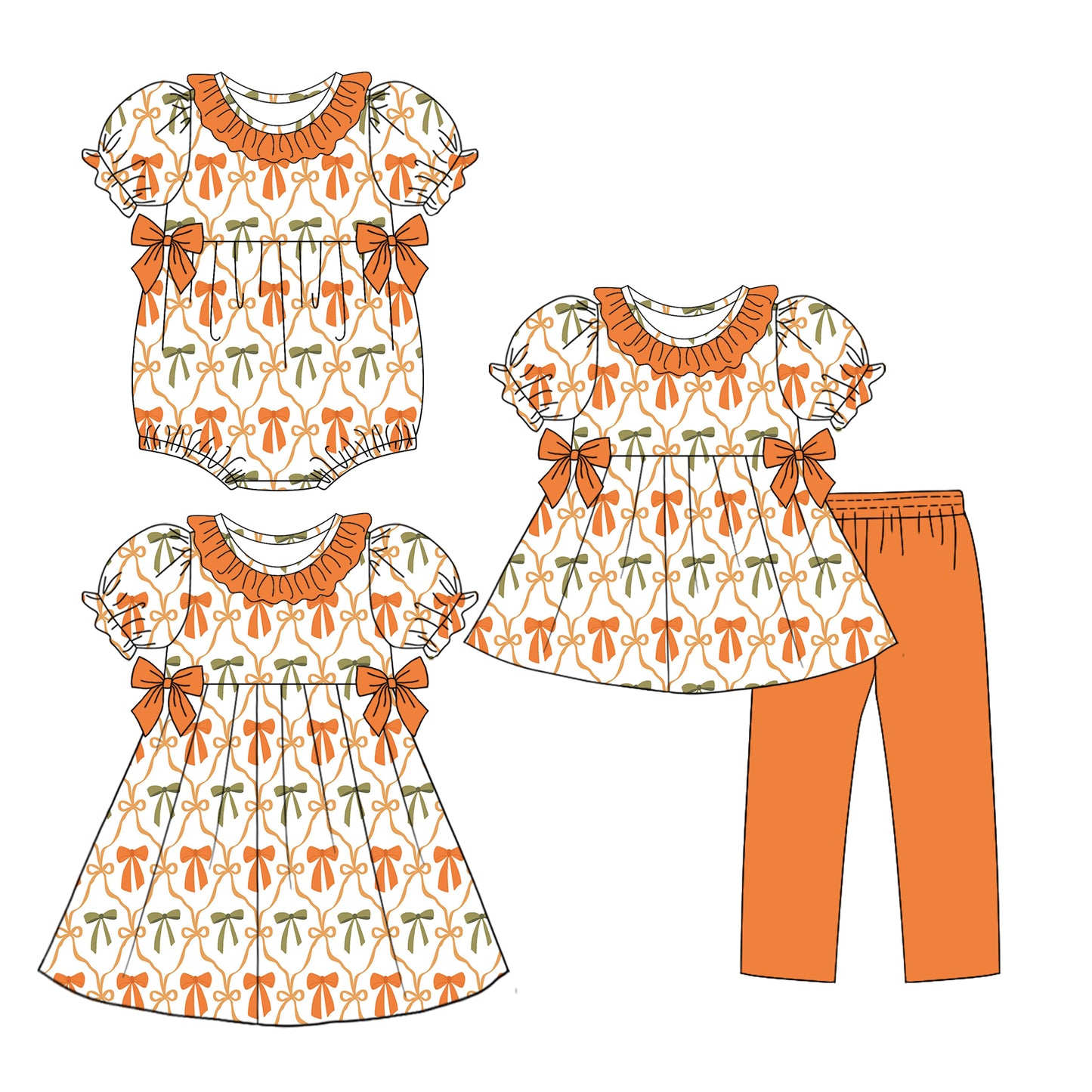 3.15 custom each style moq 5eta 4-6week Sibling Sisters bow baby girl short sleeve pants sets and dress and rompers match family design