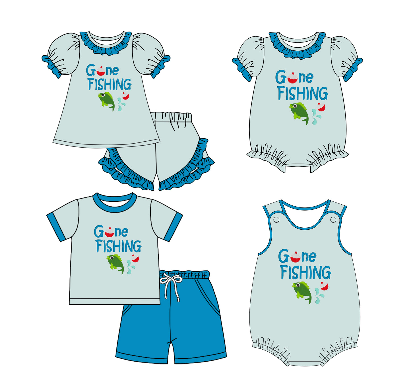 25.11.29 custom each style moq 5 eta 6-8week Sibling Sister fishing baby short sleeve shorts sets 2 and romper 2 match design