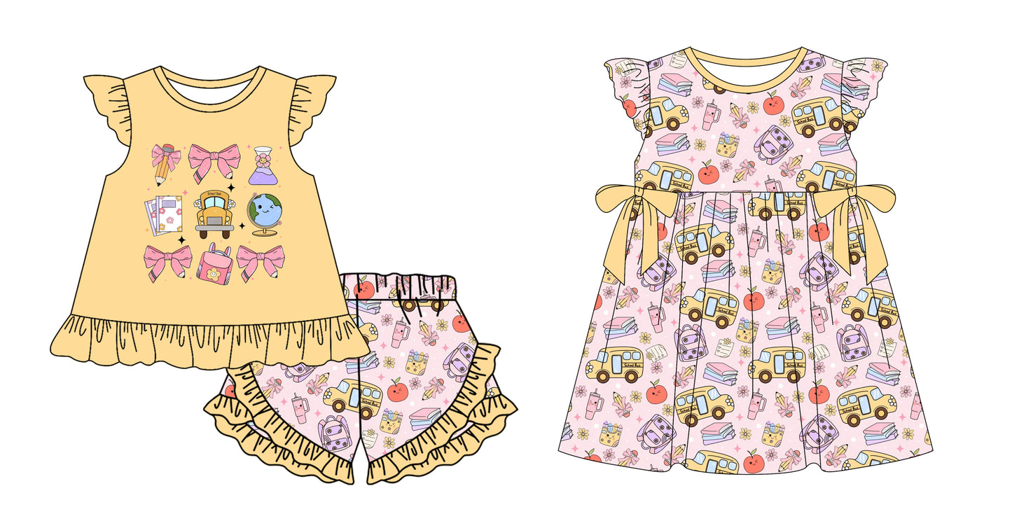 12.30 custom each style moq 5eta 4-6week Sibling Sister pencil bow baby girl short sleeve shorts sets and dresses match design