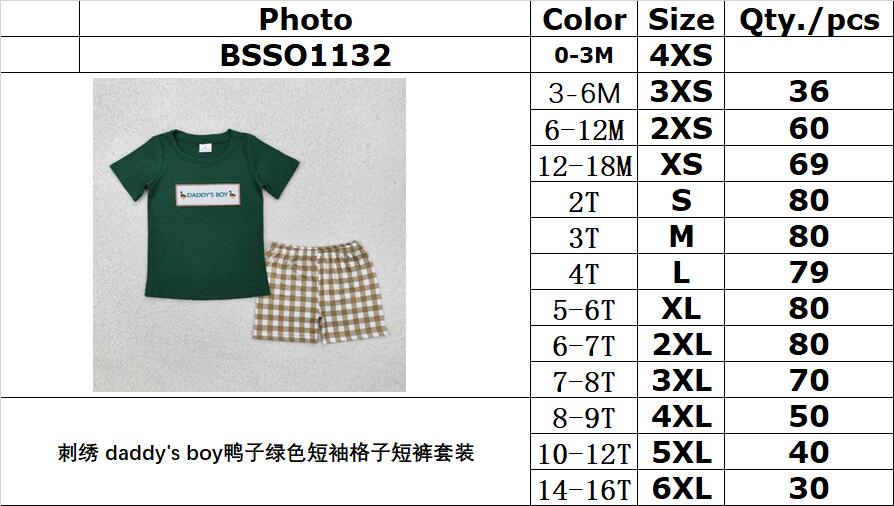 RTS NO MOQ ETA 5/7days Arrived BSSO1132 Embroidered daddy's boy duck green short-sleeved plaid shorts set