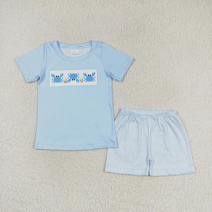 RTS Baby Girls Boys Crab Top Stripes Sibling Summer Clothes Sets