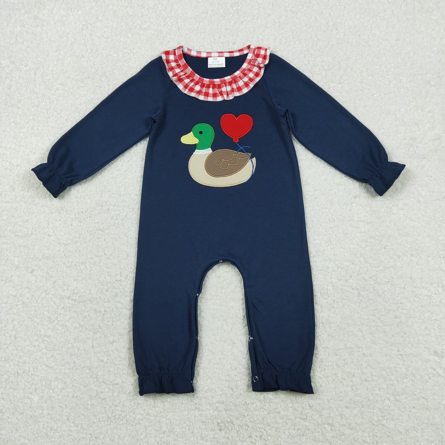 RTS NO MOQ(In Stock) LR2720 Embroidered Valentine's Day Heart Duck Red and White Checkered Navy Blue Long-Sleeved Jumpsuit