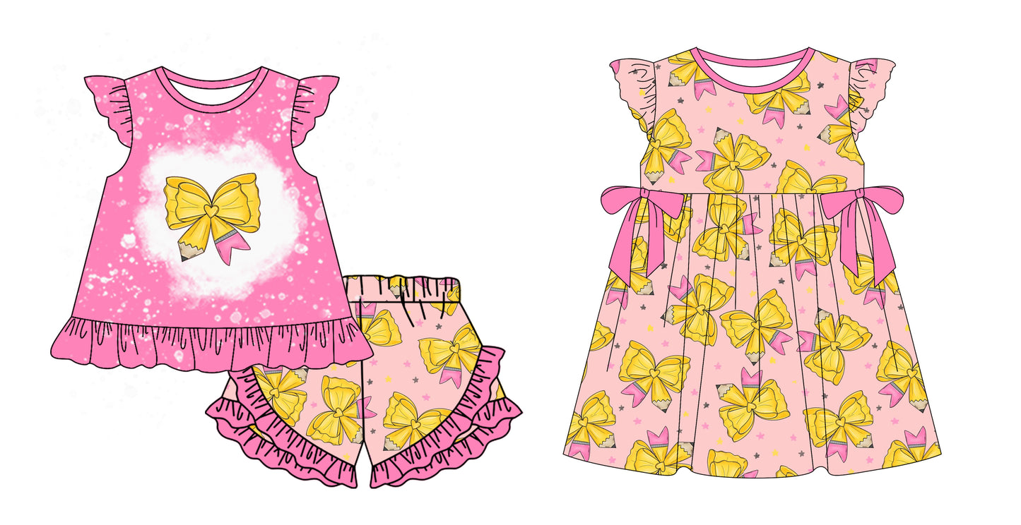 12.30 custom each style moq 5eta 4-6week Sibling Sister pencil bow baby girl short sleeve shorts sets and dresses match design