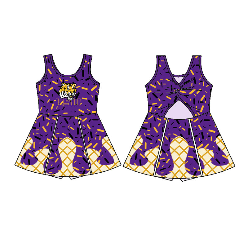 Custom moq 5 mix sizes summer teams baby girls clothes team purple short sleeve skirts shorts sets dress top-25.5.9
