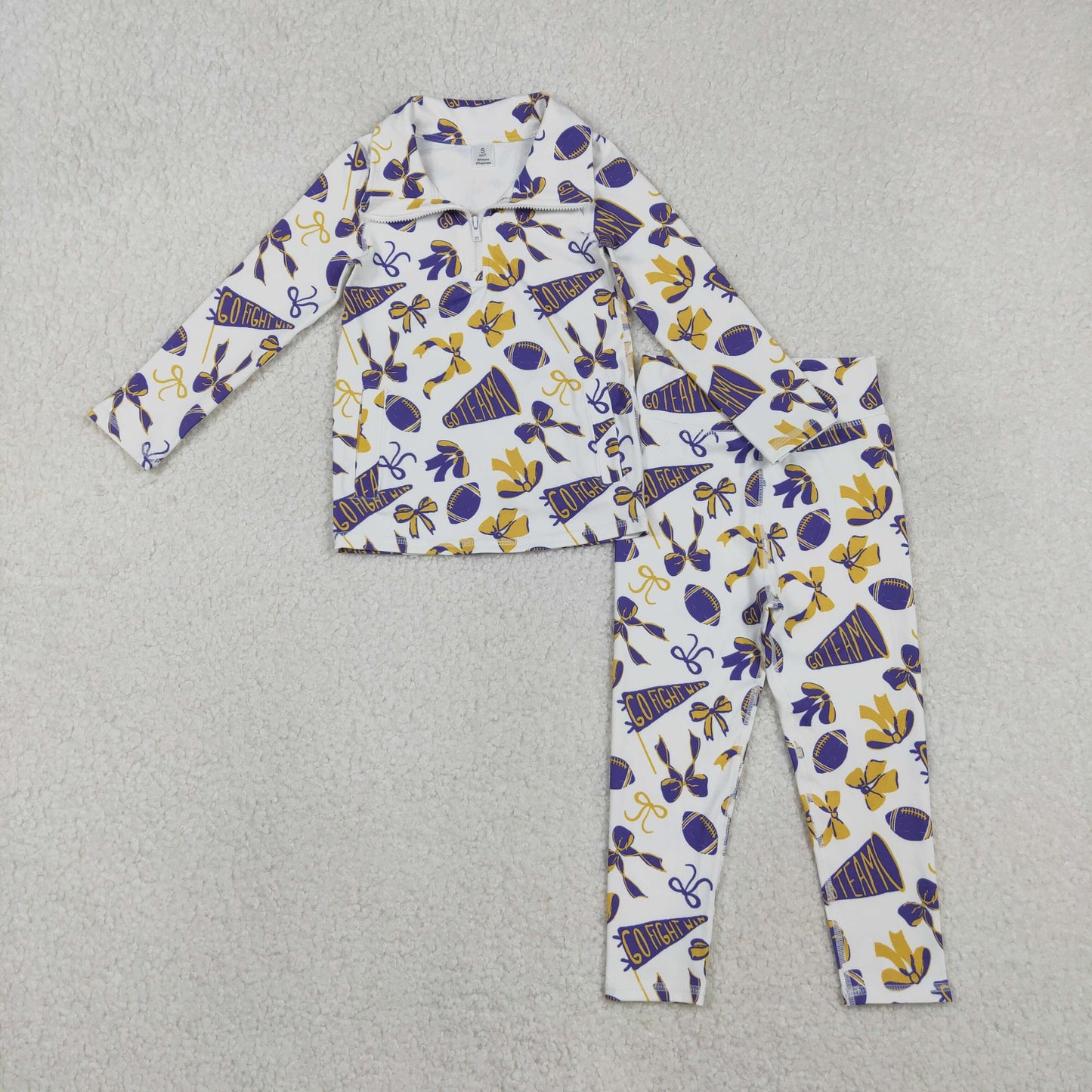 RTS NO MOQ(In Stock) GT1226+P0848 Football yellow and purple flared bow pattern zip-up yoga long-sleeved top pants set