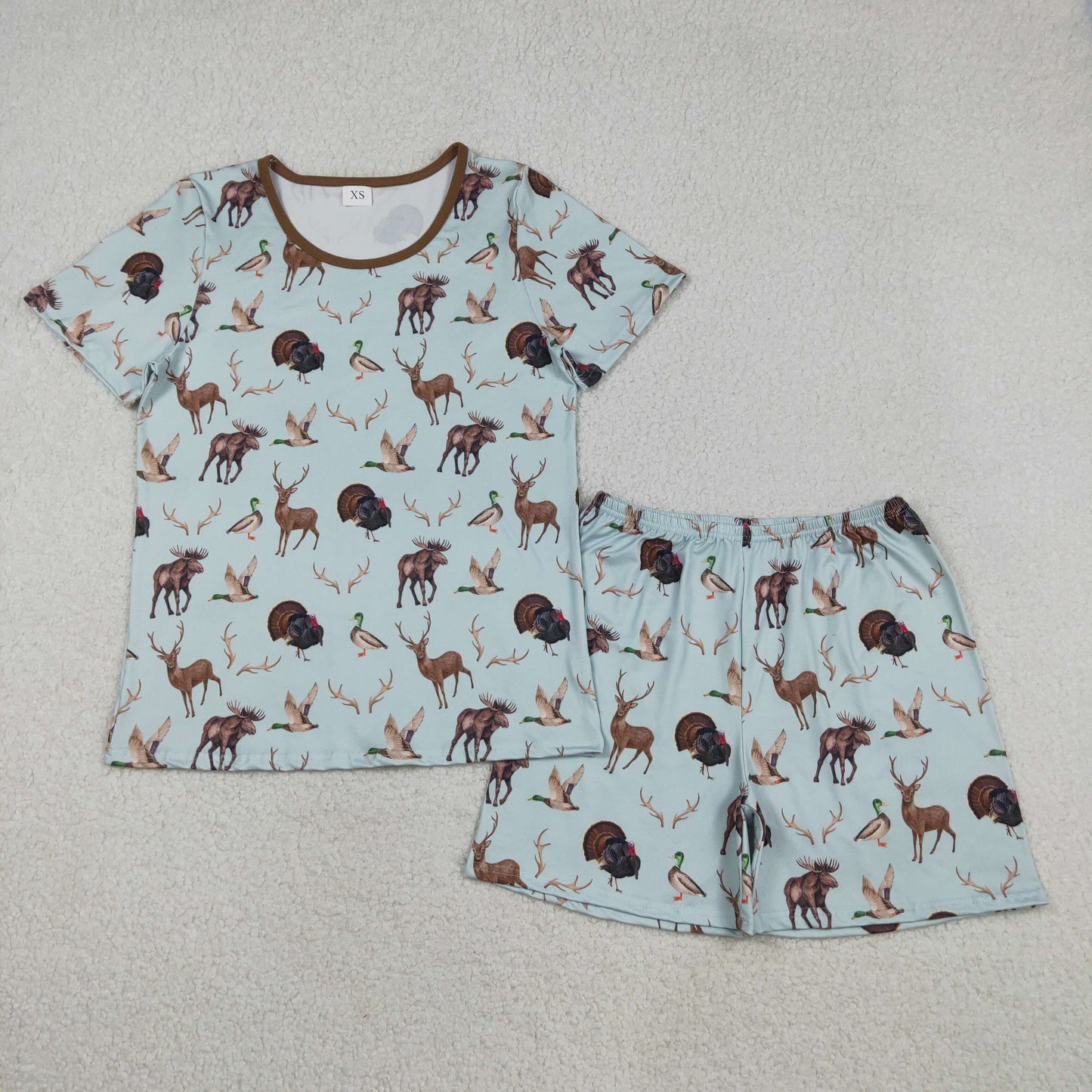 RTS NO MOQ(In Stock) Adult women's duck, reindeer, turkey blue-brown short-sleeved shorts pajama set