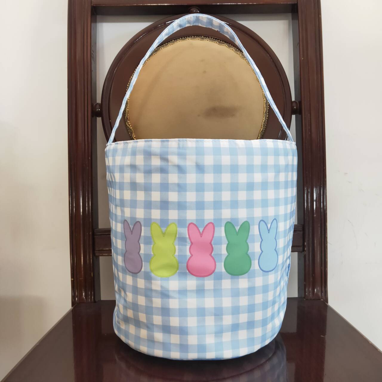 RTS NO MOQ ETA 5/7days Arrived BA0161 Colorful rabbit blue and white plaid bucket bag