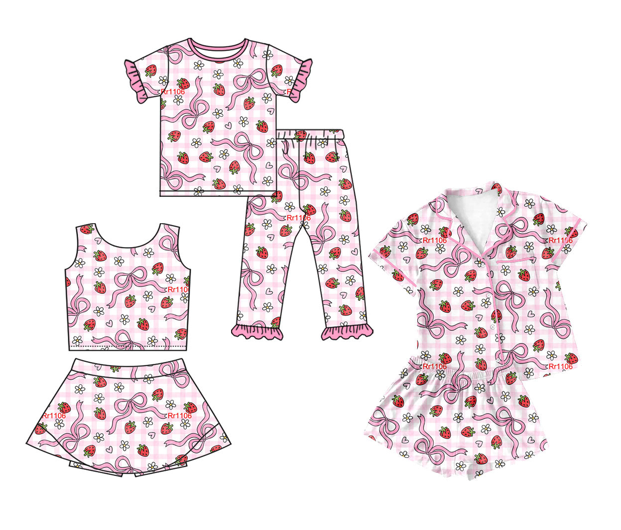 25.12.2 custom each style moq 5 eta 6-8week Sibling Sisters strawberry bow baby girl clothes short sleeve shorts sets and skirts sets and pant sets match family design