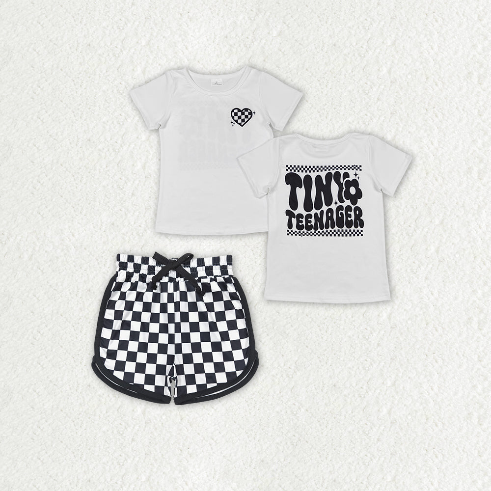 RTS NO MOQ GT0527+SS0278 tiny teenager black and white plaid heart short-sleeved top shorts sets