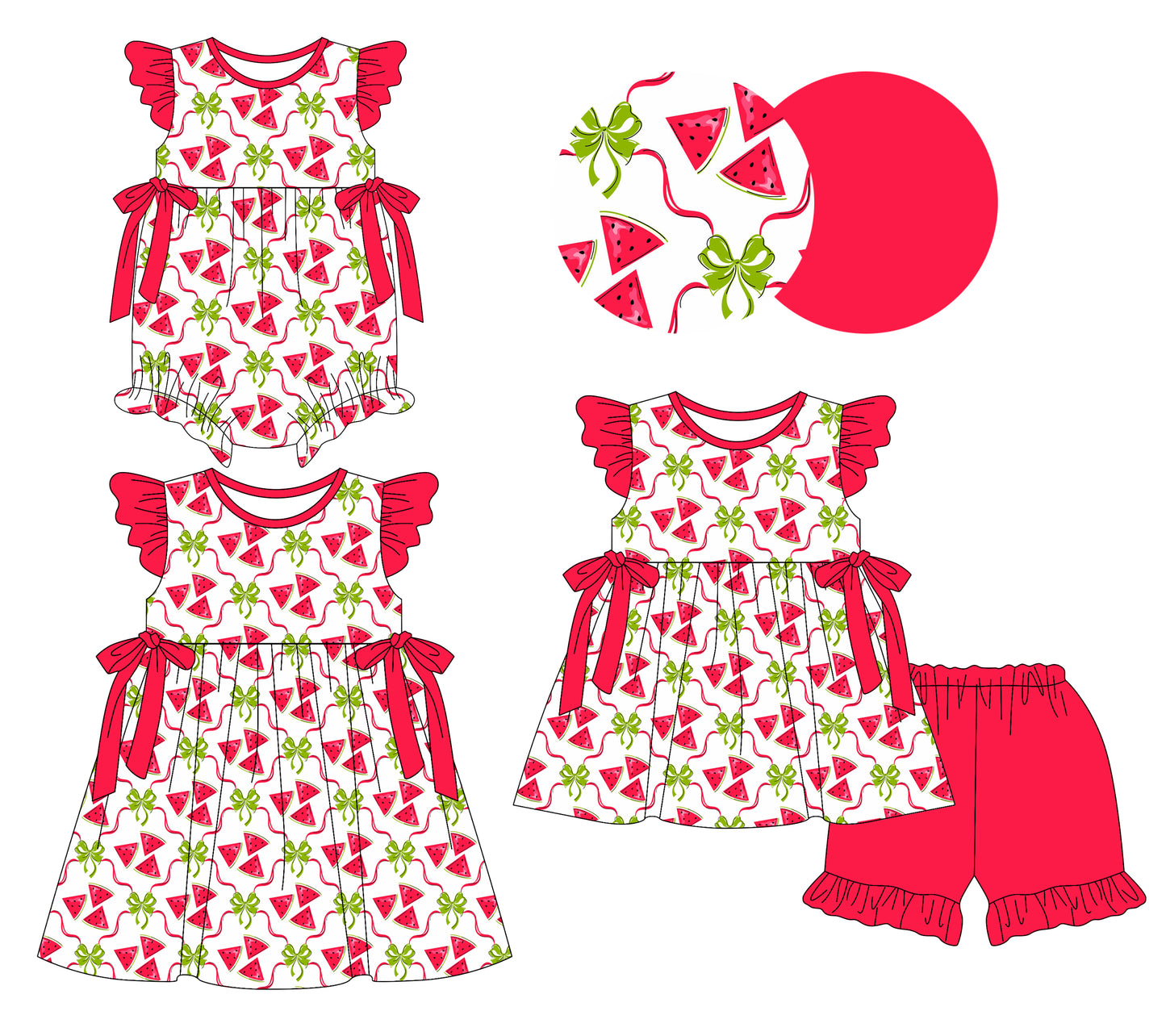 26.1.8 custom each style moq 5 eta 6-8week Sibling Sister watermelon bow baby short sleeve shorts sets and romper and dress match design