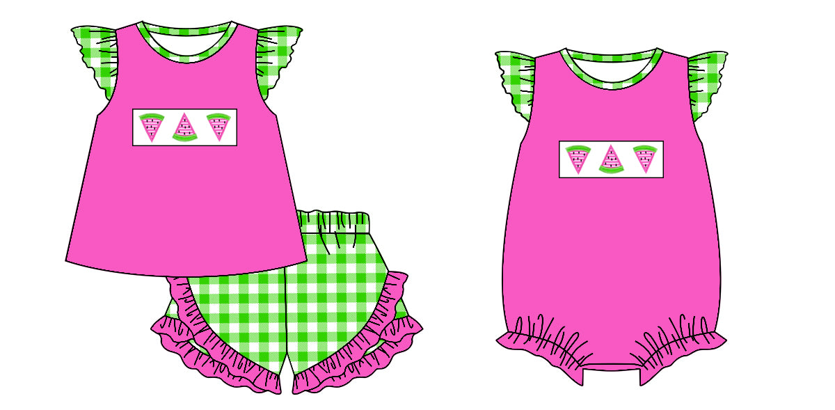 25.12.4 custom each style moq 5 eta 6-8week Sibling Sister watermelon baby short sleeve shorts sets and romper match design