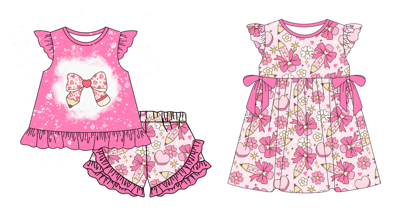 12.30 custom each style moq 5eta 4-6week Sibling Sister pencil bow baby girl short sleeve shorts sets and dresses match design