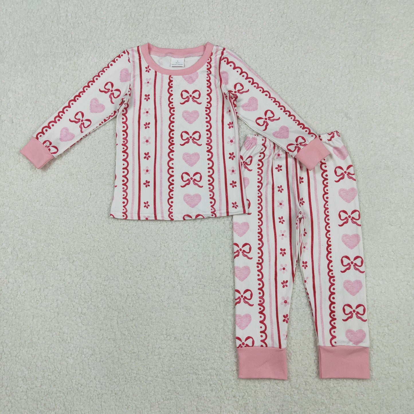 RTS NO MOQ(In Stock) GLP2984 Heart and Bow Pattern Floral Striped Beige Long-Sleeved Pajama Set